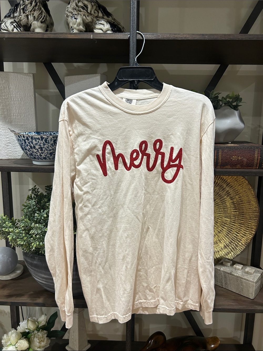 Comfort Colors -Merry Long-Sleeve Holiday Tee - Cream with Red Script - NWOT